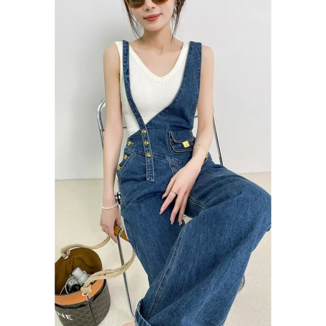 Women's Metal Buckle Versatile Asymmetric Small Waist Bag Denim Suspender Pants Blue - Shop at LoveMi