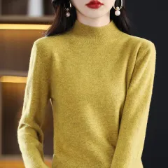 Loose Slimming Thickened New Wool Women's Half Turtleneck Knitted Sweater - Yellow - View 1
