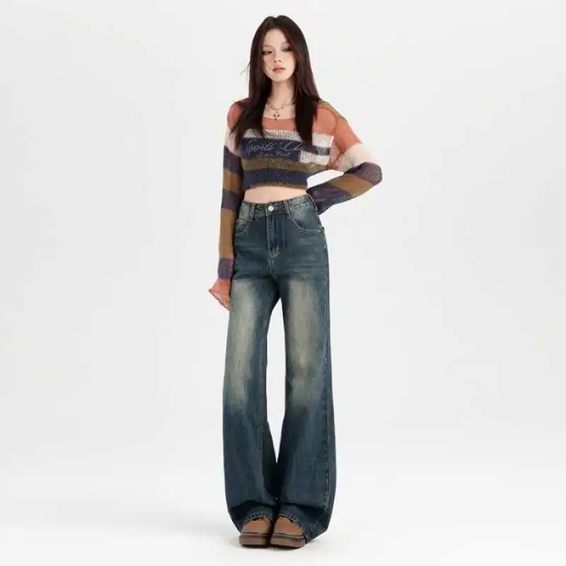 Women's Slimming And Straight Narrow Version Mop Pants - Retro Blue Trousers