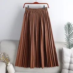 Solid Colour Mid-length High Waist PU Leather Pleated Skirt For Women - Khaki - View 1