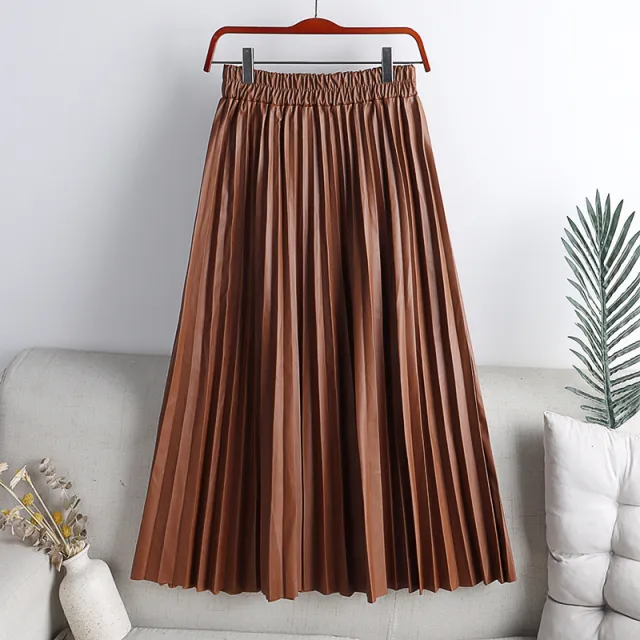 Solid Color Mid length High Waist PU Leather Pleated Skirt For Women Khaki - Shop at LoveMi