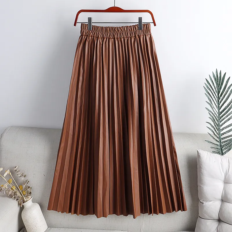 Solid Color Mid-length High Waist PU Leather Pleated Skirt For Women - Khaki