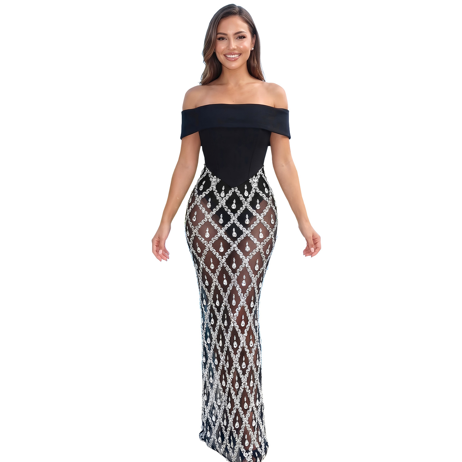 Womens Off-shoulder Strapless Sequined Party Dress