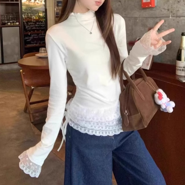 Womens Solid-Color Duvet Lace Mock Neck Top With Ties