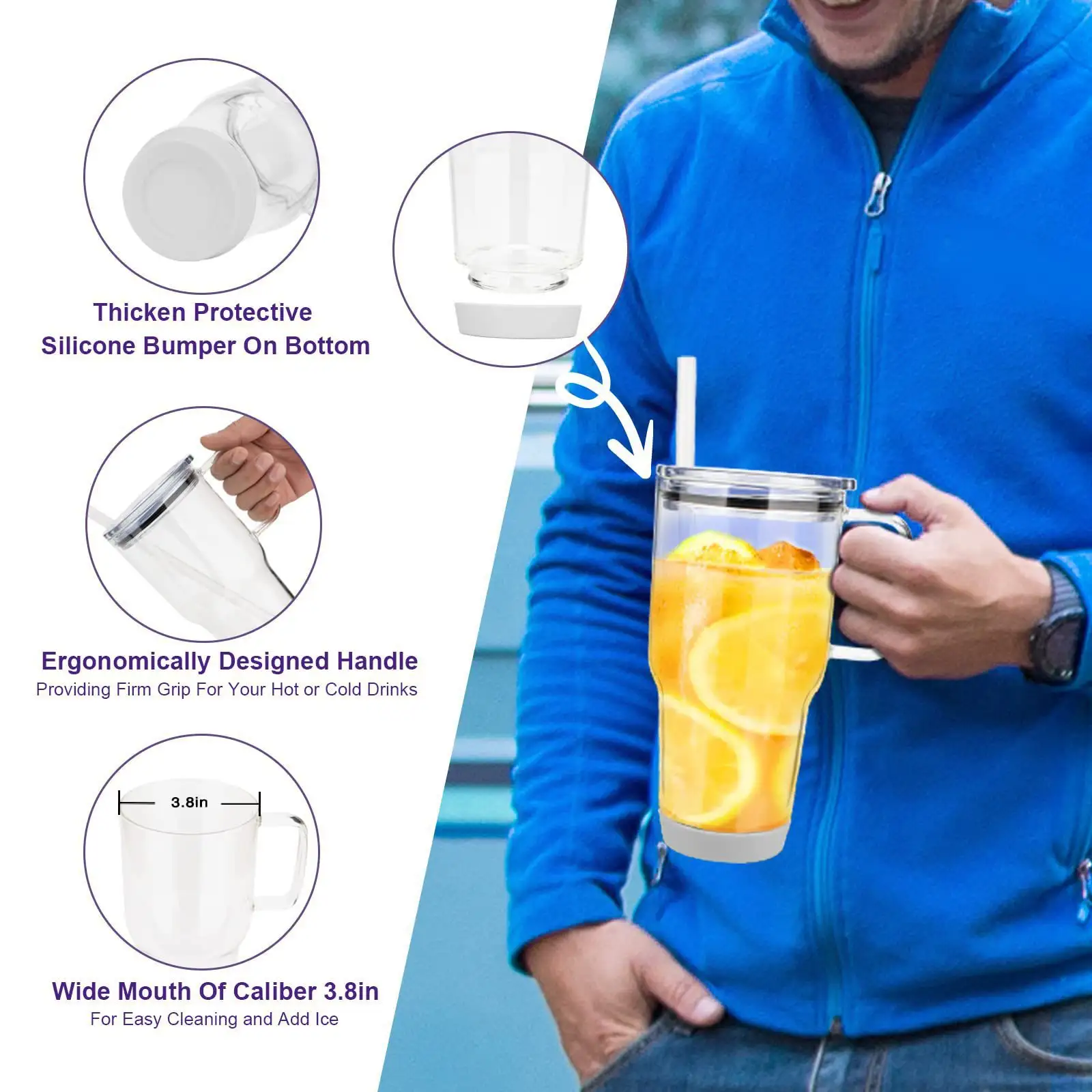 32oz Handle High Borosilicate Glasses Large Capacity Car Cup With Straw