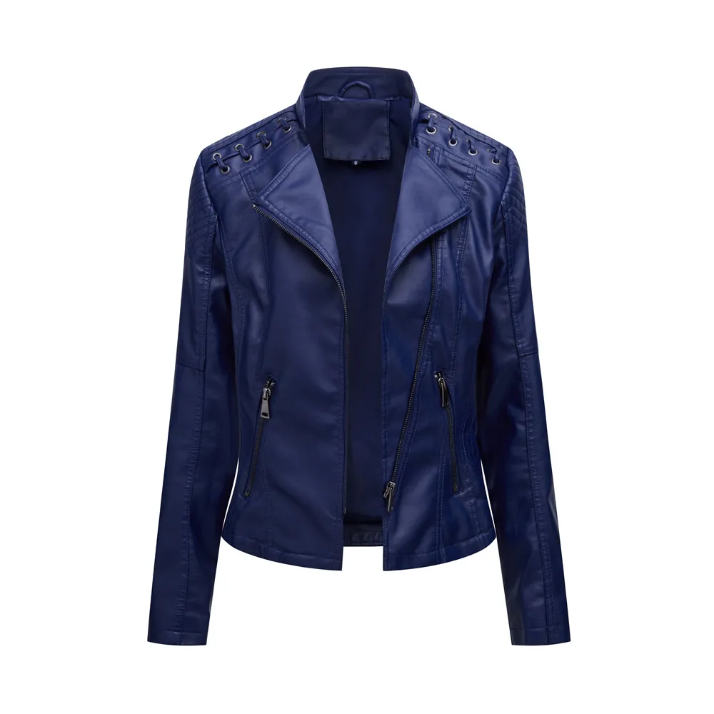 Slim Fit Thin Leather Coat Women's Motorcycle Clothing - Purplish Blue