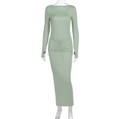 Slim-fit Pleated Solid Colour Round-neck Long-sleeved Dress - Green - View 1