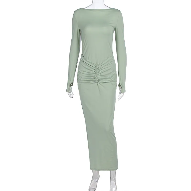 Slim-fit Pleated Solid Color Round-neck Long-sleeved Dress - Light Green