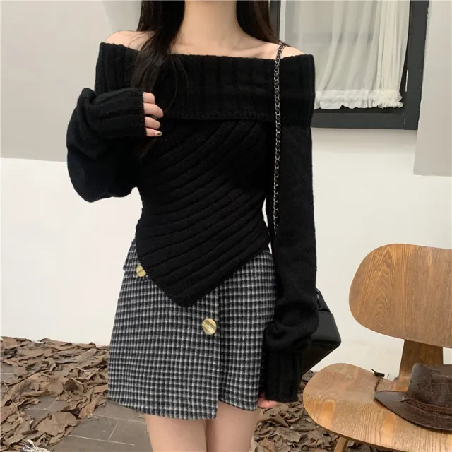 Lazy Style Long Sleeve Off shoulder Sweater For Women Black - Shop at LoveMi