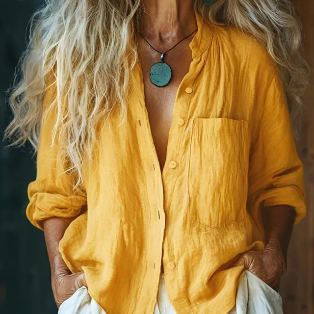 New Solid color Casual Loose fitting Long sleeve Versatile Cardigan Cotton linen Top Ginger Yellow - Shop at LoveMi