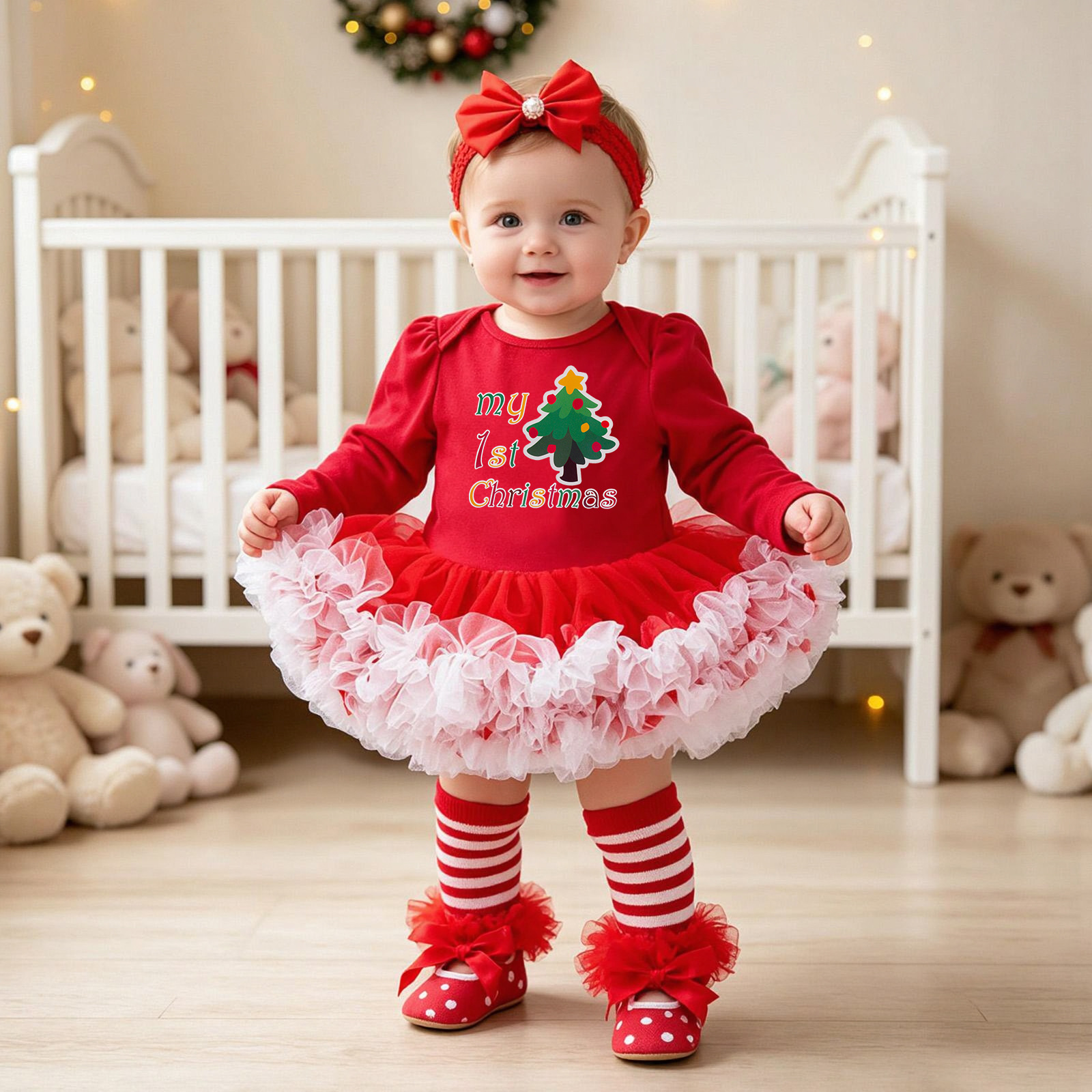 Baby Christmas Long-sleeve Cartoon Romper Dress Red Tulle One-piece Outfit Four-piece Set