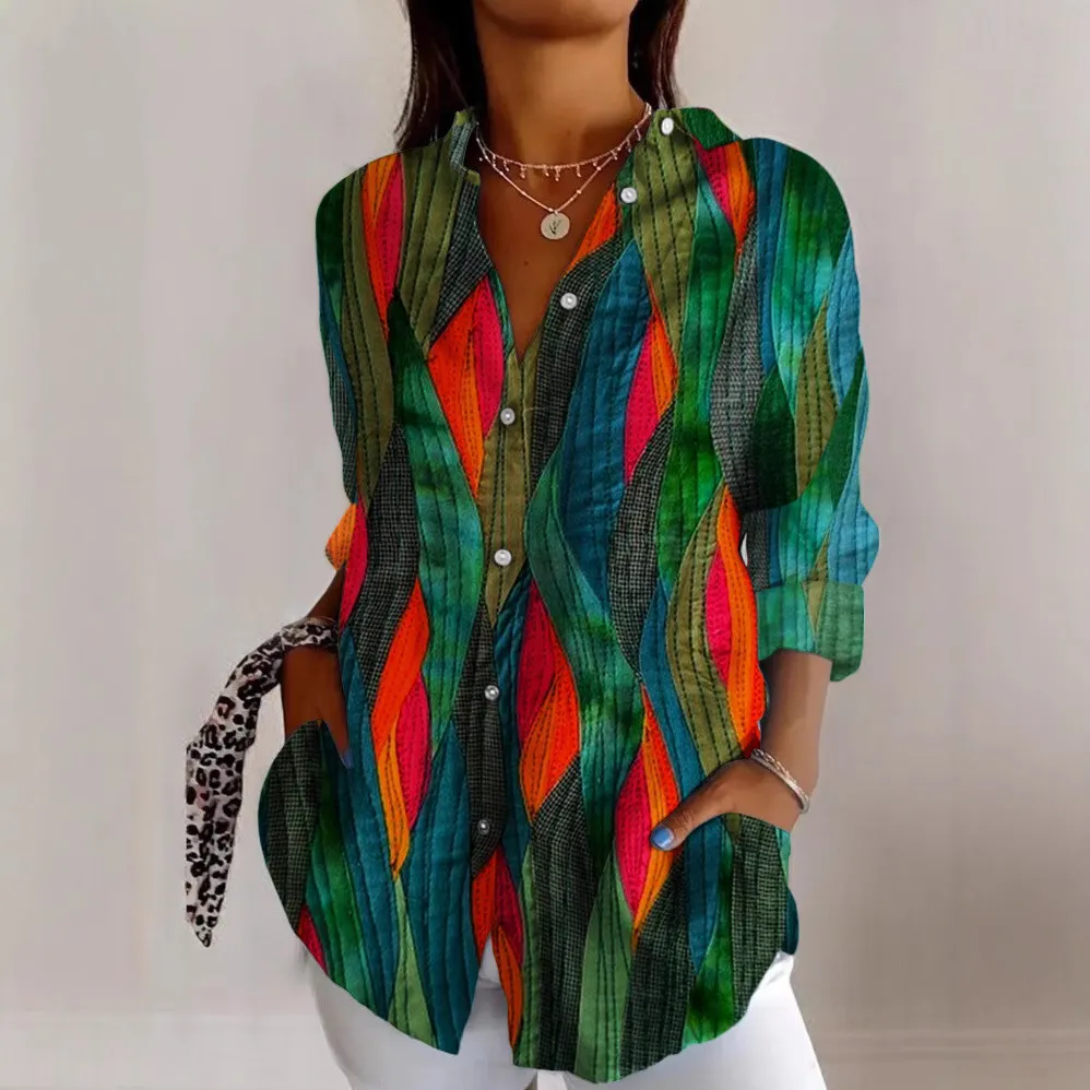 Lapel Casual Women's Creative Vintage Floral Floral Shirt - 1 D838