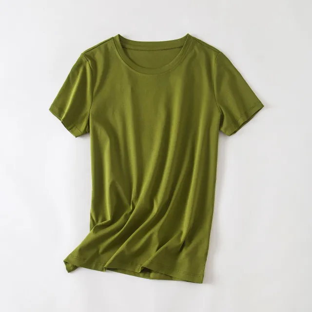 Cool Double sided Mercerized Cotton Short sleeved White T shirt Butter Green Round Neck - Shop at LoveMi