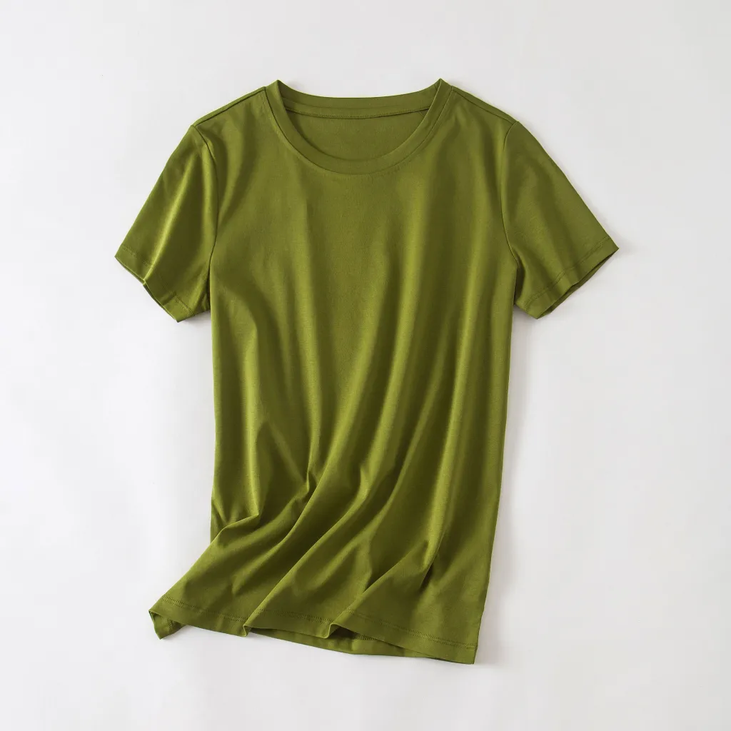 Cool Double-sided Mercerized Cotton Short-sleeved White T-shirt - Butter Green Round Neck