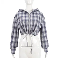 Women's Plaid Long Sleeve Hooded Short Jacket Women - Blue - View 1
