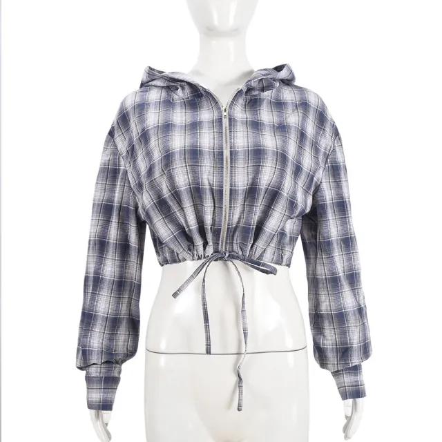 Women's Plaid Long Sleeve Hooded Short Jacket Women Blue - Shop at LoveMi
