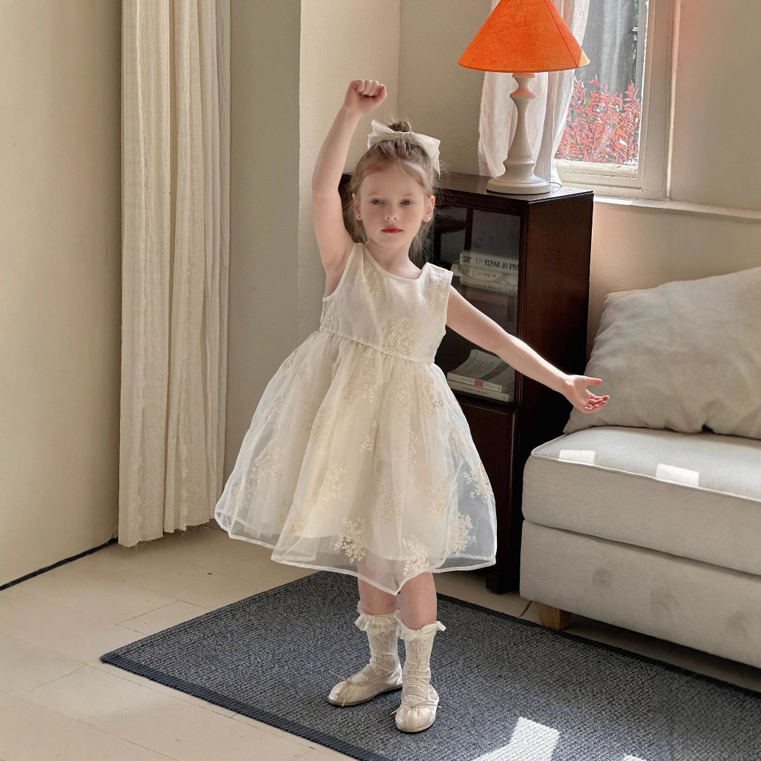 Girls Heavy Industry Spun Yarn Embroidered Princess Sleeveless Tutu Skirt Apricot - Shop at LoveMi