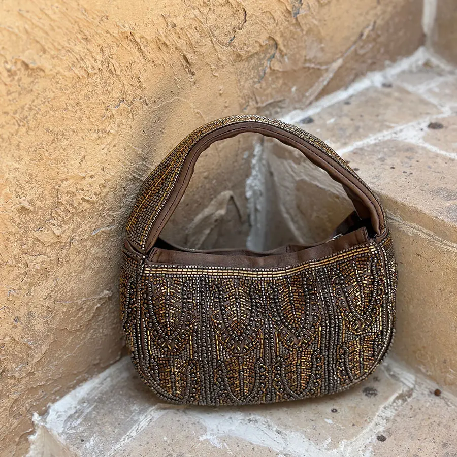 Vintage Intricately Crafted Brown-gold Beaded Underarm Bag