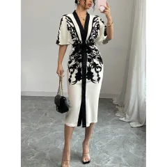 Bohemian Ethnic Print Dress Retro Style - Apricot - View 1