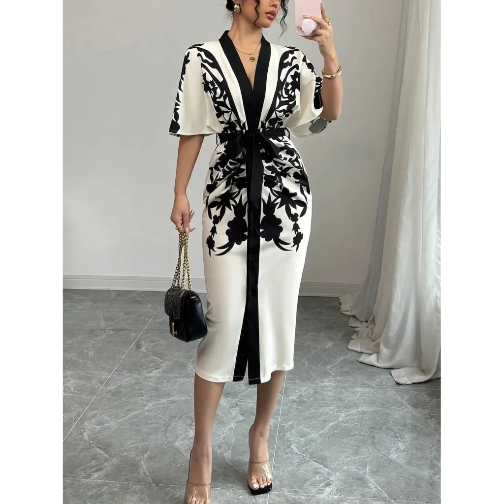 Bohemian Ethnic Print Dress Retro Style - Apricot
