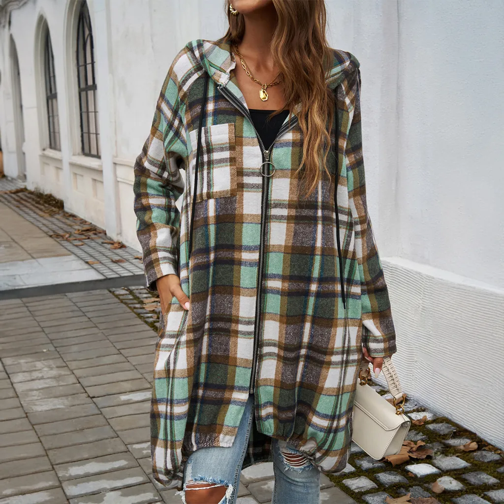 European And American Autumn And Winter Leisure Loose Contrast Color Hooded Coat - Green