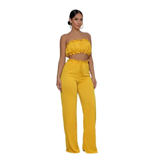 European And American Solid Color Casual Tube Top And Pants Women's Two piece Set Yellow - Shop at LoveMi