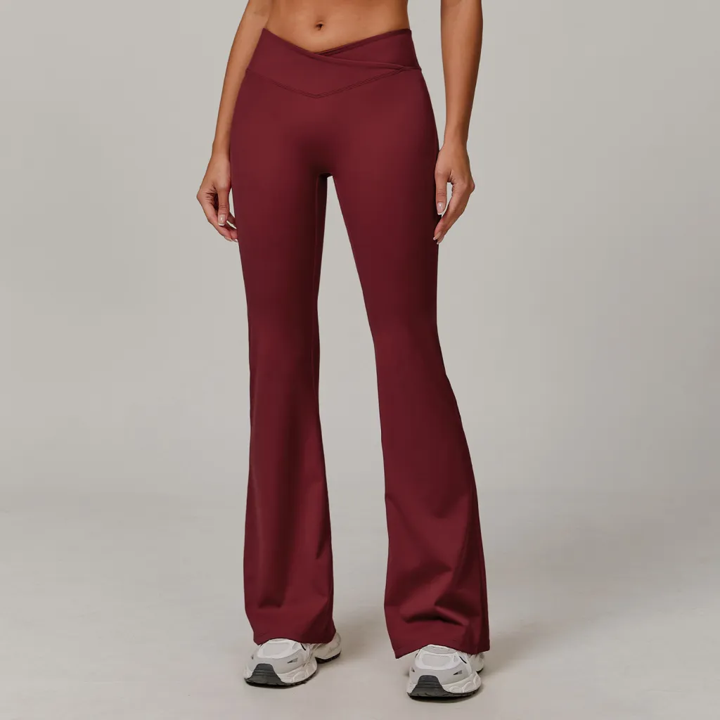 Weila Nude Feel Yoga Pants Cross High Waist Running Sports Pants - Cherry Red