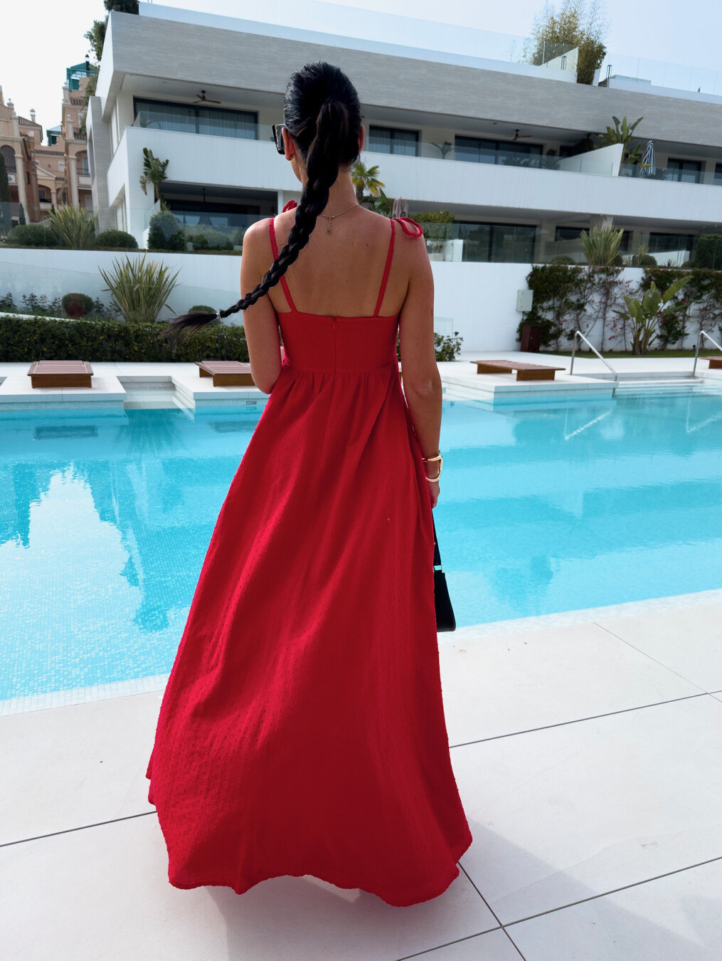 solid color jacquard deep v sling dress back view