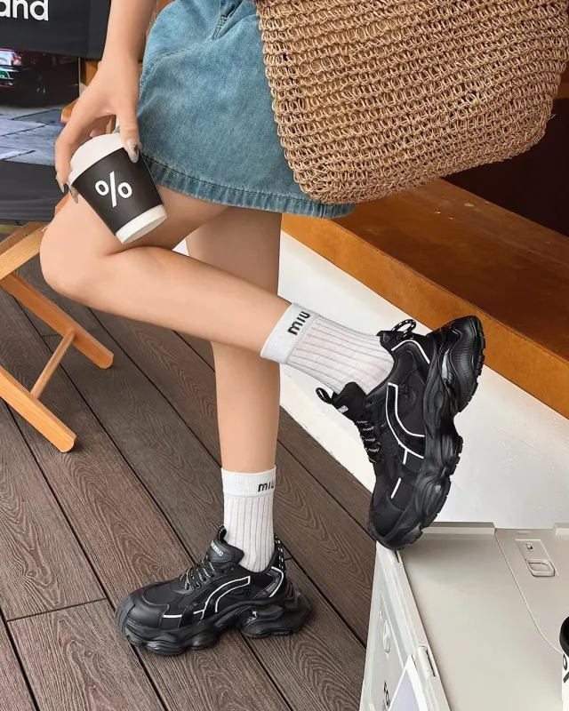 Genuine Leather Platform Casual Faded effect Clunky Sneakers Women Black - Shop at LoveMi
