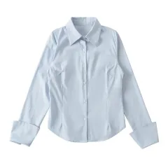 Women's French Preppy Style Solid Colour Casual Long Sleeves Shirt - Blue - View 1