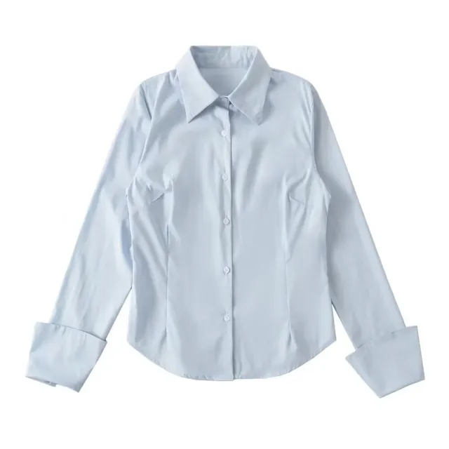Women's French Preppy Style Solid Color Casual Long Sleeves Shirt Blue - Shop at LoveMi