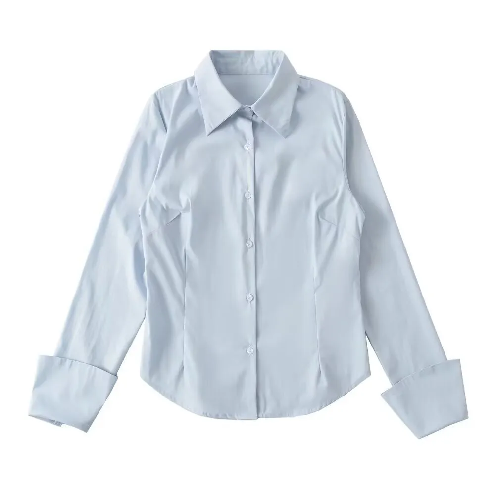Women's French Preppy Style Solid Color Casual Long Sleeves Shirt - Blue