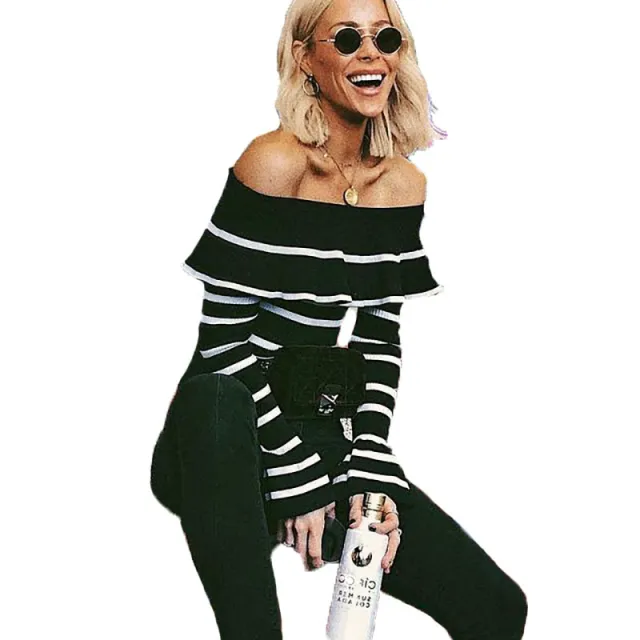 Women's Long Sleeve Pullover Top Striped Ruffles Black - Shop at LoveMi