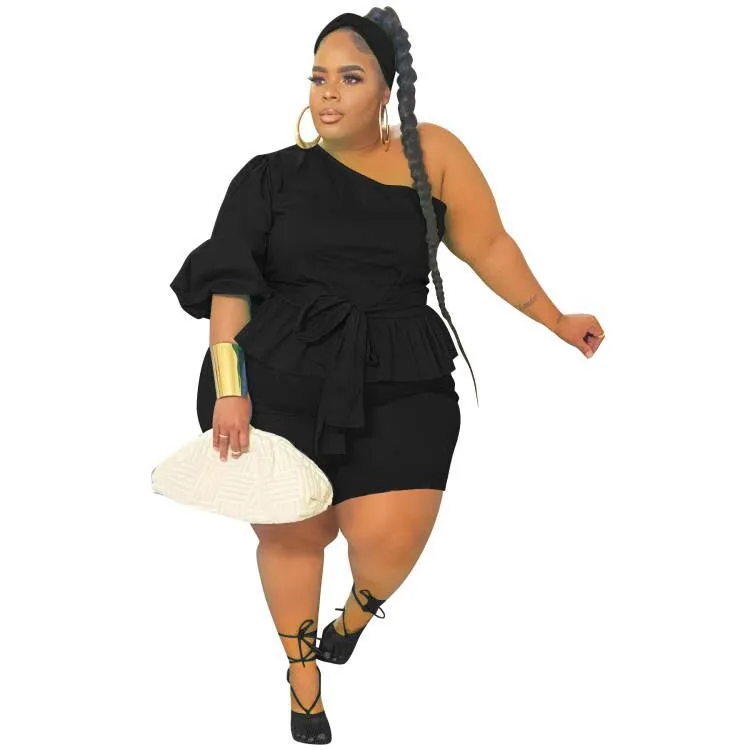European And American Plus Size Fashion One-shoulder Ruffled Tied Two-piece Women's Clothing - Black