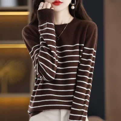 Autumn And Winter Women's Wool Sweater New Fashion Round Neck Inner Wear Coffee - Shop at LoveMi
