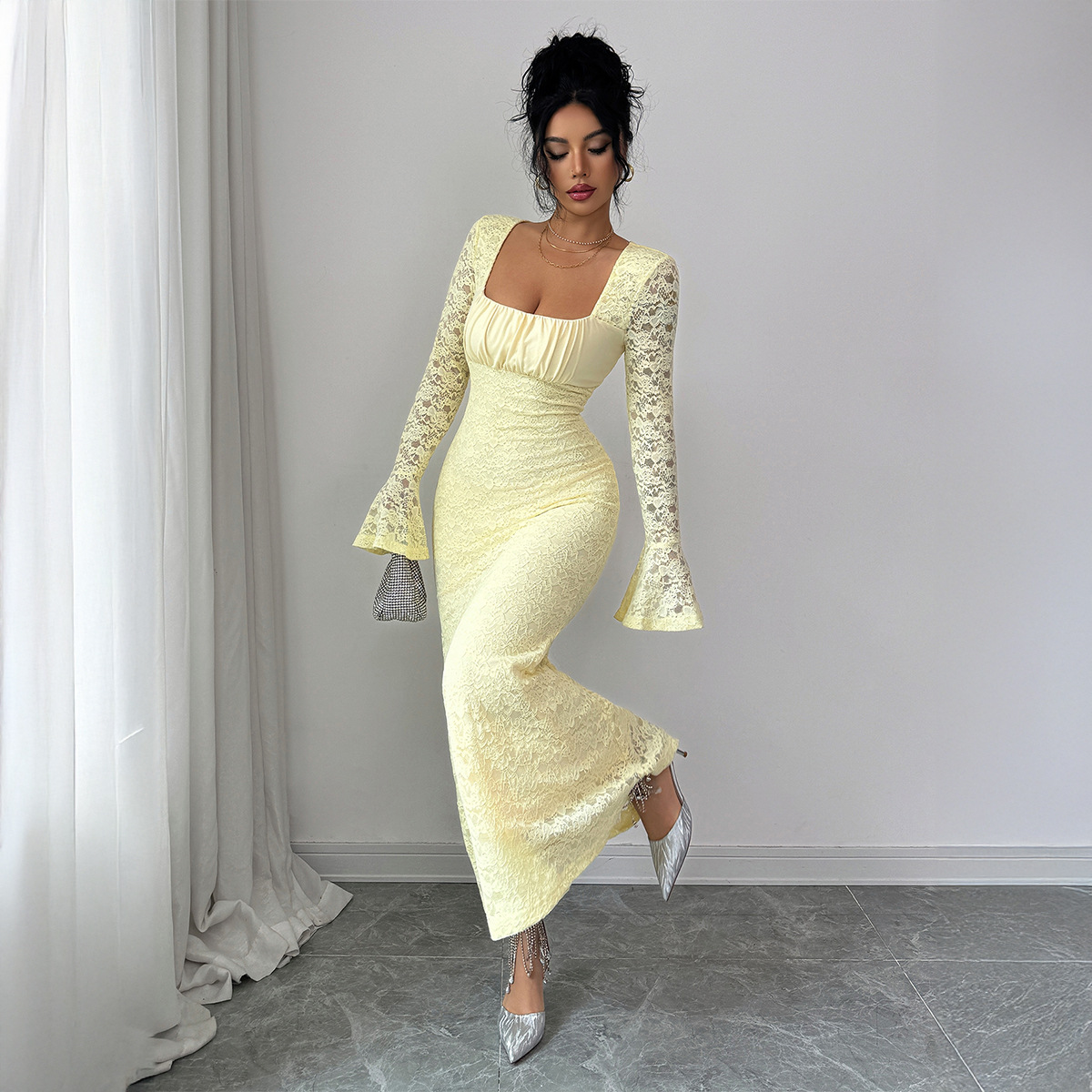Elegant And Sexy Lace Bodycon Long Dress For Women Yellow - Shop at LoveMi