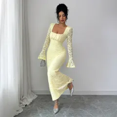 Elegant And Sexy Lace Bodycon Long Dress For Women - Yellow - View 1