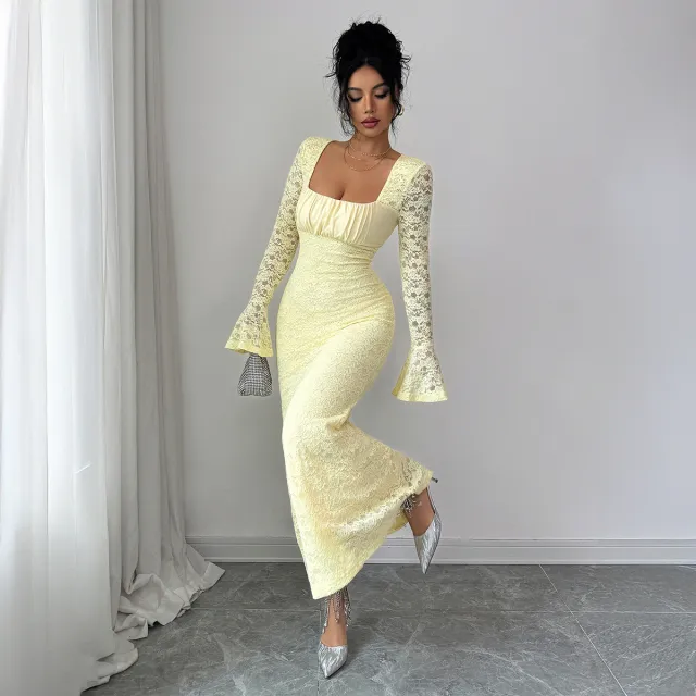 Elegant And Sexy Lace Bodycon Long Dress For Women Yellow - Shop at LoveMi