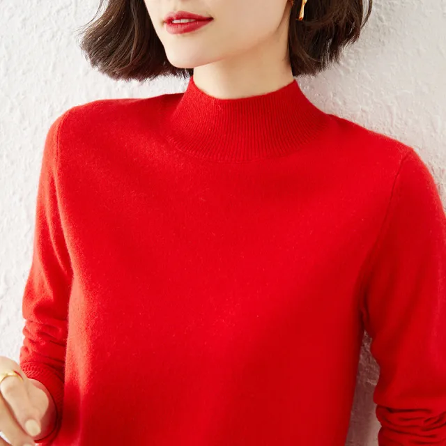 Half Turtleneck Women's Knitted Warm Bottoming Sweater Bright Red - Shop at LoveMi