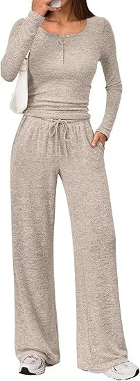 Two piece Set Women's Long sleeve Blouse Wide Leg Pants Fashion Casual Set Khaki - Shop at LoveMi