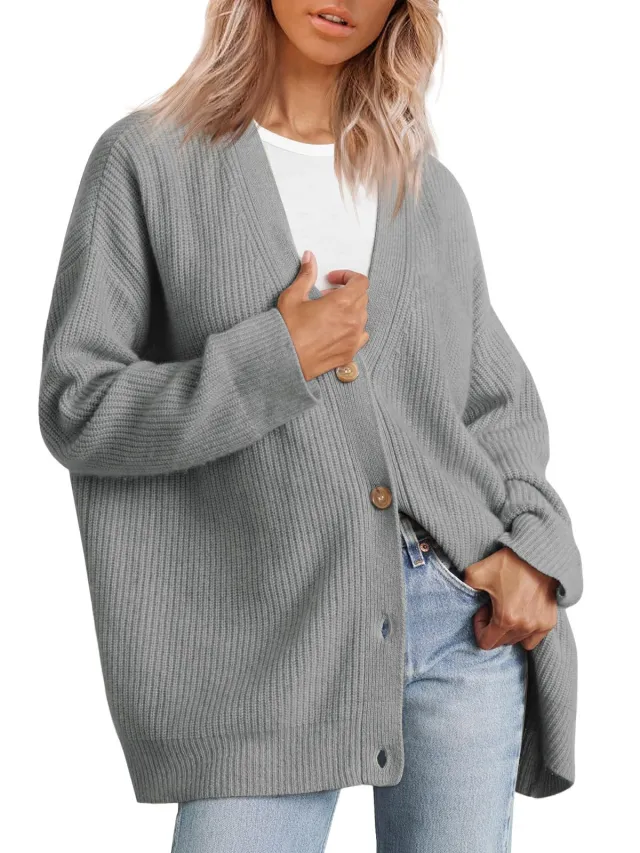 Simple All match Knitted Cross border Women's Clothing Collar Decorated With Buttons Solid Color Sweater For Women Gray - Shop at LoveMi