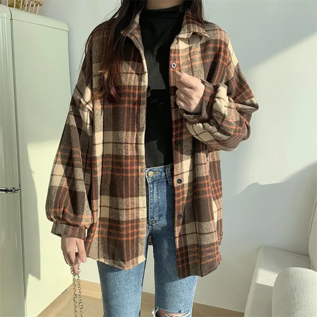 Retro Brushed Plaid Long sleeved Shirt For Women Large Brown Grid - Shop at LoveMi