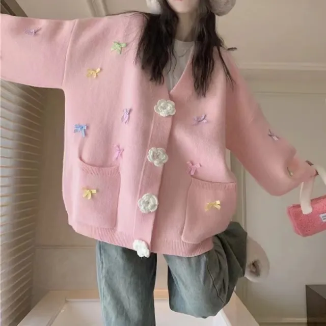 Women's Bow Knitted Cardigan Loose fitting Oversized Sweater Pink - Shop at LoveMi