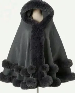 Loose Fur Collar Shawl, Cold-proof Fleece-lined Thick Coat - Gray - View 1
