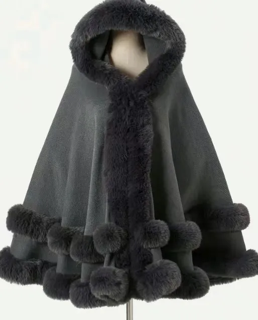 Loose Fur Collar Shawl, Cold-proof Fleece-lined Thick Coat - Gray