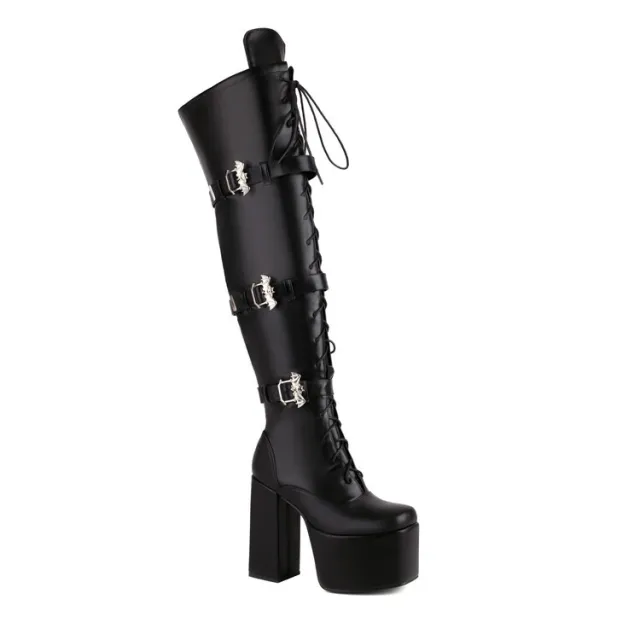 Night Club Lace up Belt Buckle Over The Knee Boots Black - Shop at LoveMi