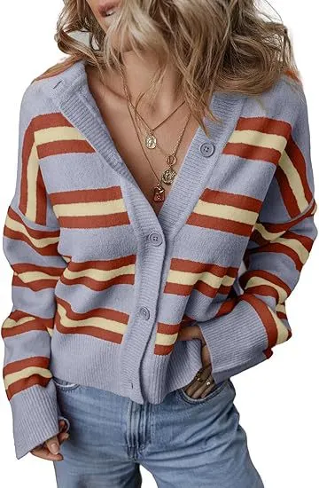 Striped Color Stitching Knitted Cardigan Women's Clothing Gray - Shop at LoveMi