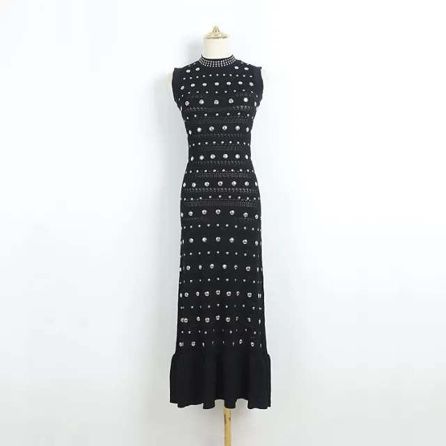 Solid Color Sleeveless Hollow Round Neck Knitted Dress Black - Shop at LoveMi