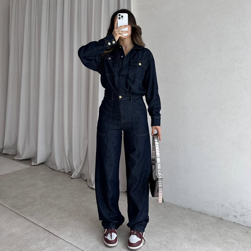 New Womens Dark Blue Casual Straight Jeans Two-Piece Set