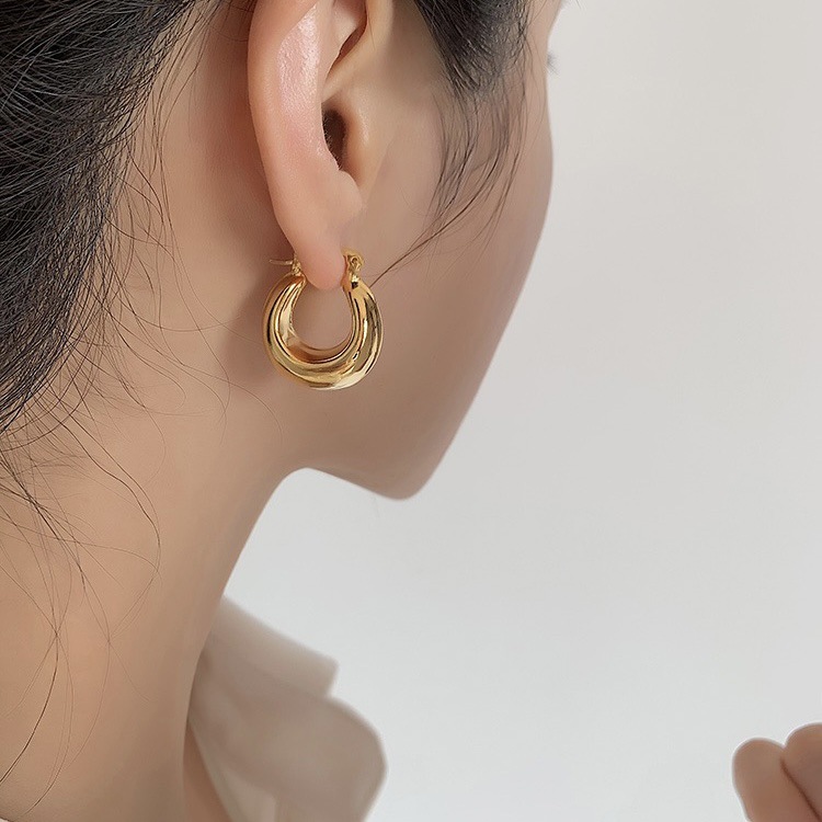 Copper Plating 18K Real Gold Simple Texture Oval Ring Earrings Temperament Entry Lux High-grade